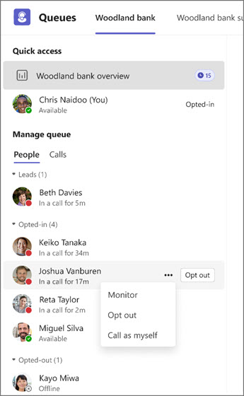 Queue management system showing agent statuses and options to monitor, opt out, or call.