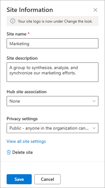 The Site Information settings options for a team site.