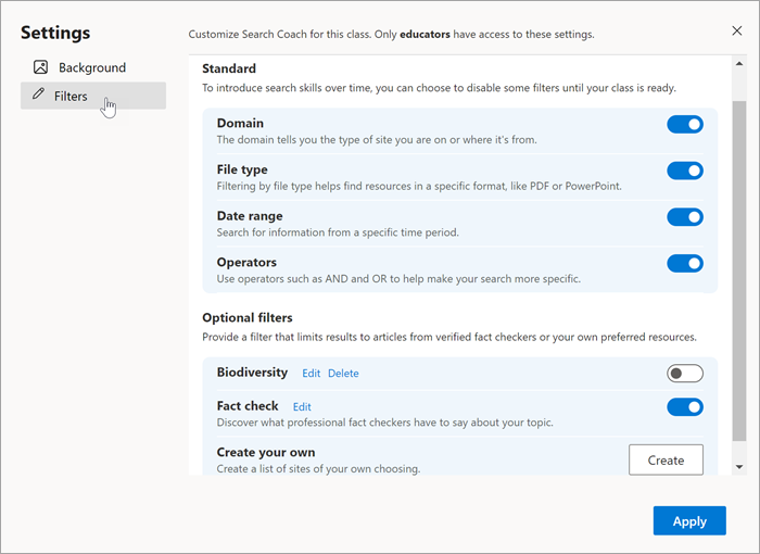 Screenshot of the filters tab in settings being selected
