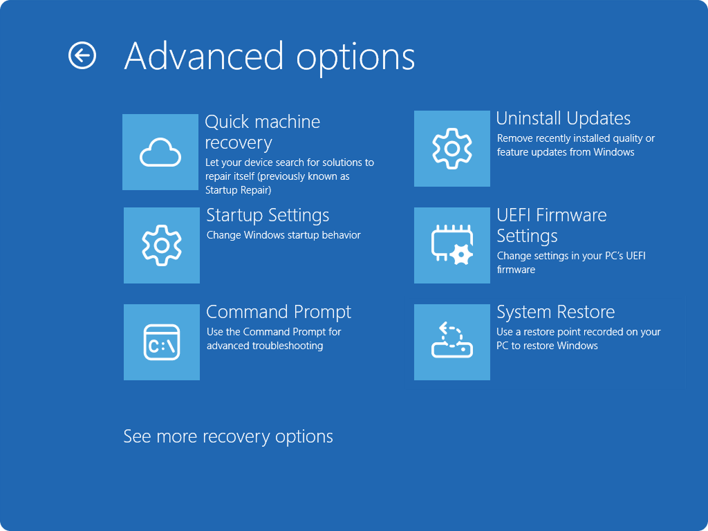 Screenshot of Windows RE showing advanced options and the new QMR entry.