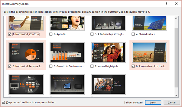 Shows the Insert Summary Zoom dialog in PowerPoint with sections selected.