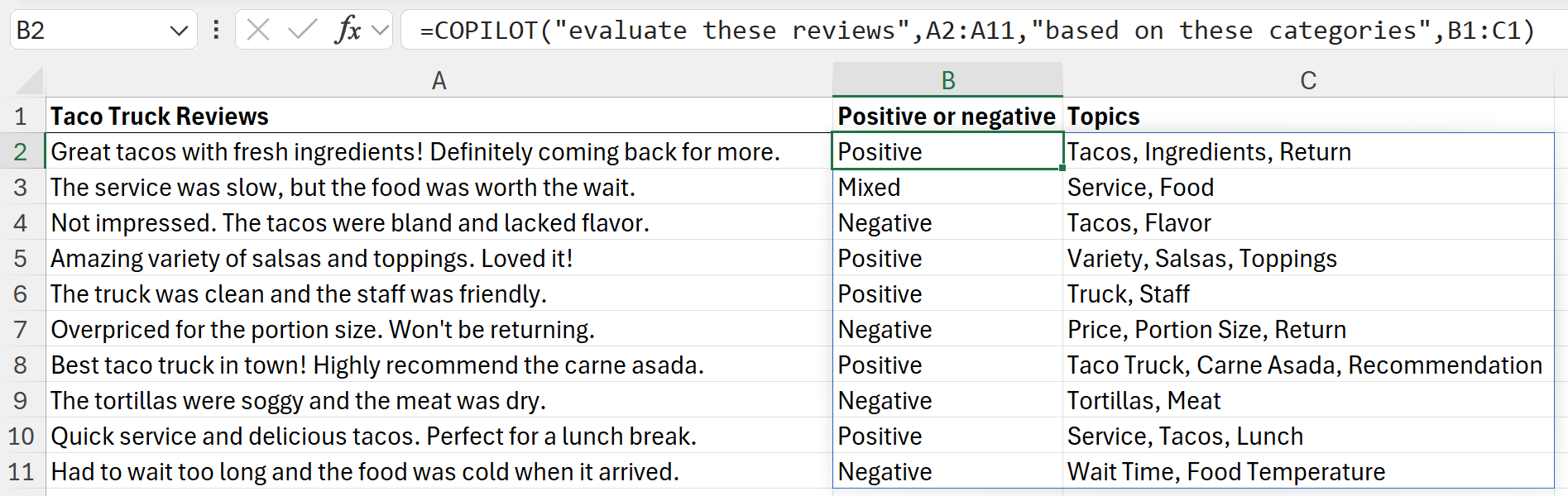 Using COPILOT to return multiple values based on context from the grid. In this example, the output is whether each review is positive or negative and the topics from the review