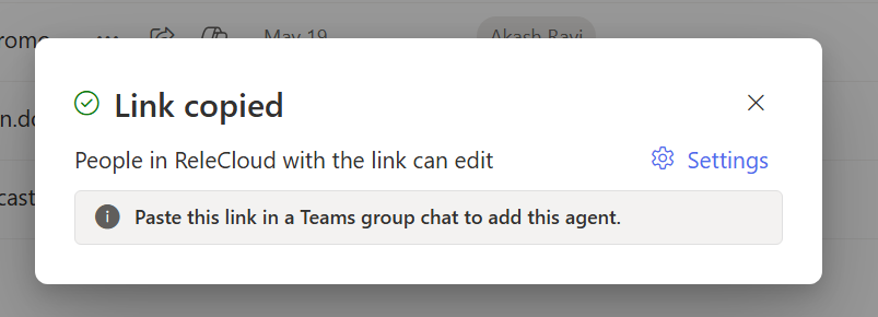 Dialog to inform users that a sharing link was copied to their clipboard.