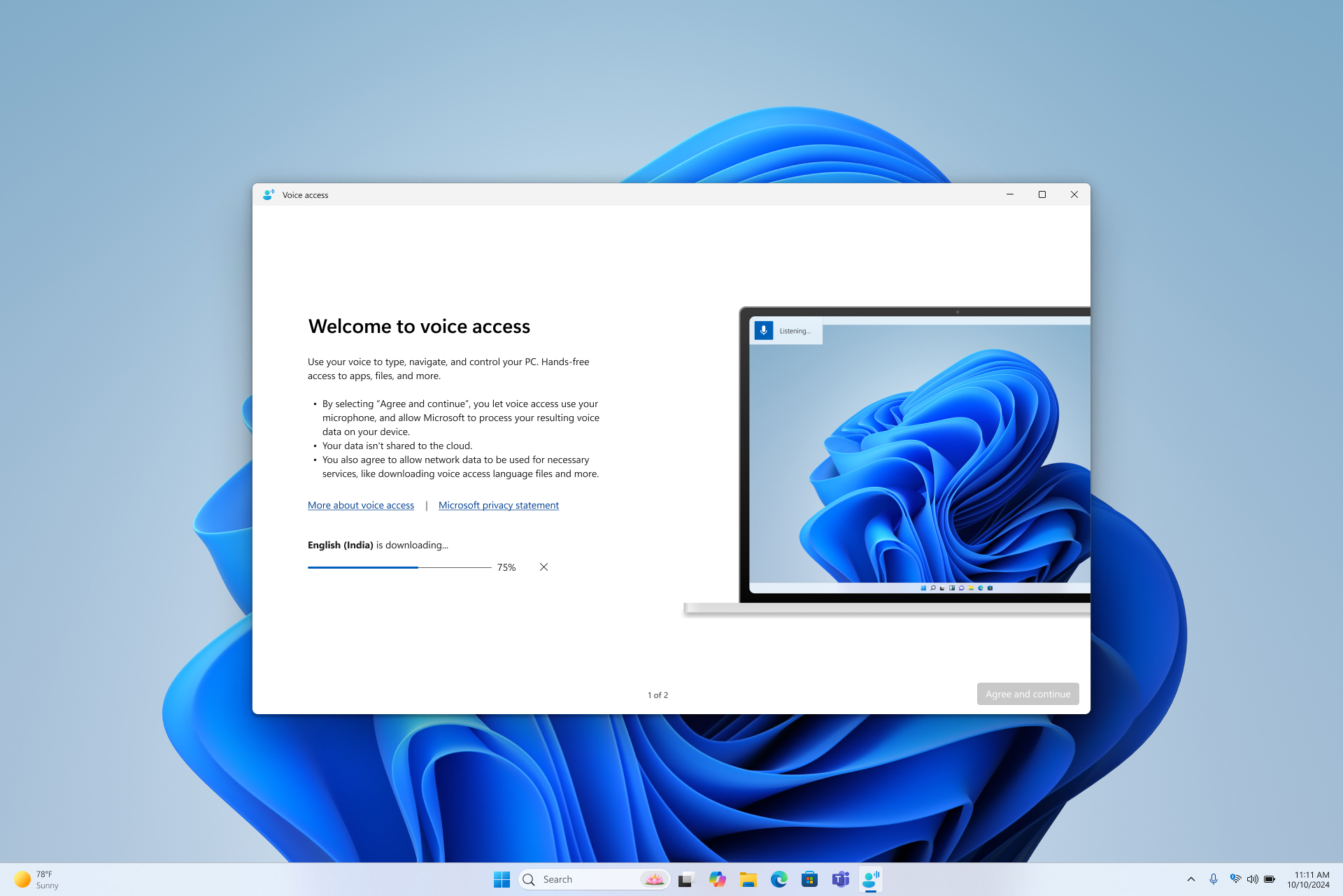 Voice access welcome screen showing download progress for English India with Agree and Continue button.