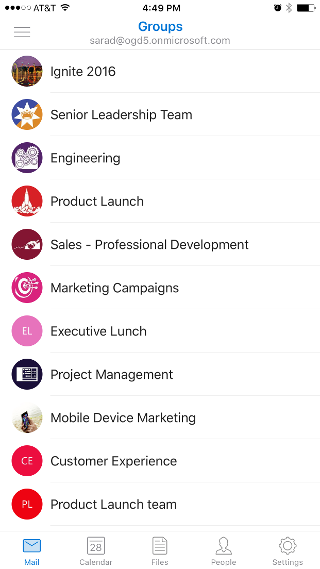 Shows the Groups screen, with a list of groups like "Ingite 2016" and "Senior Leadership Team."
