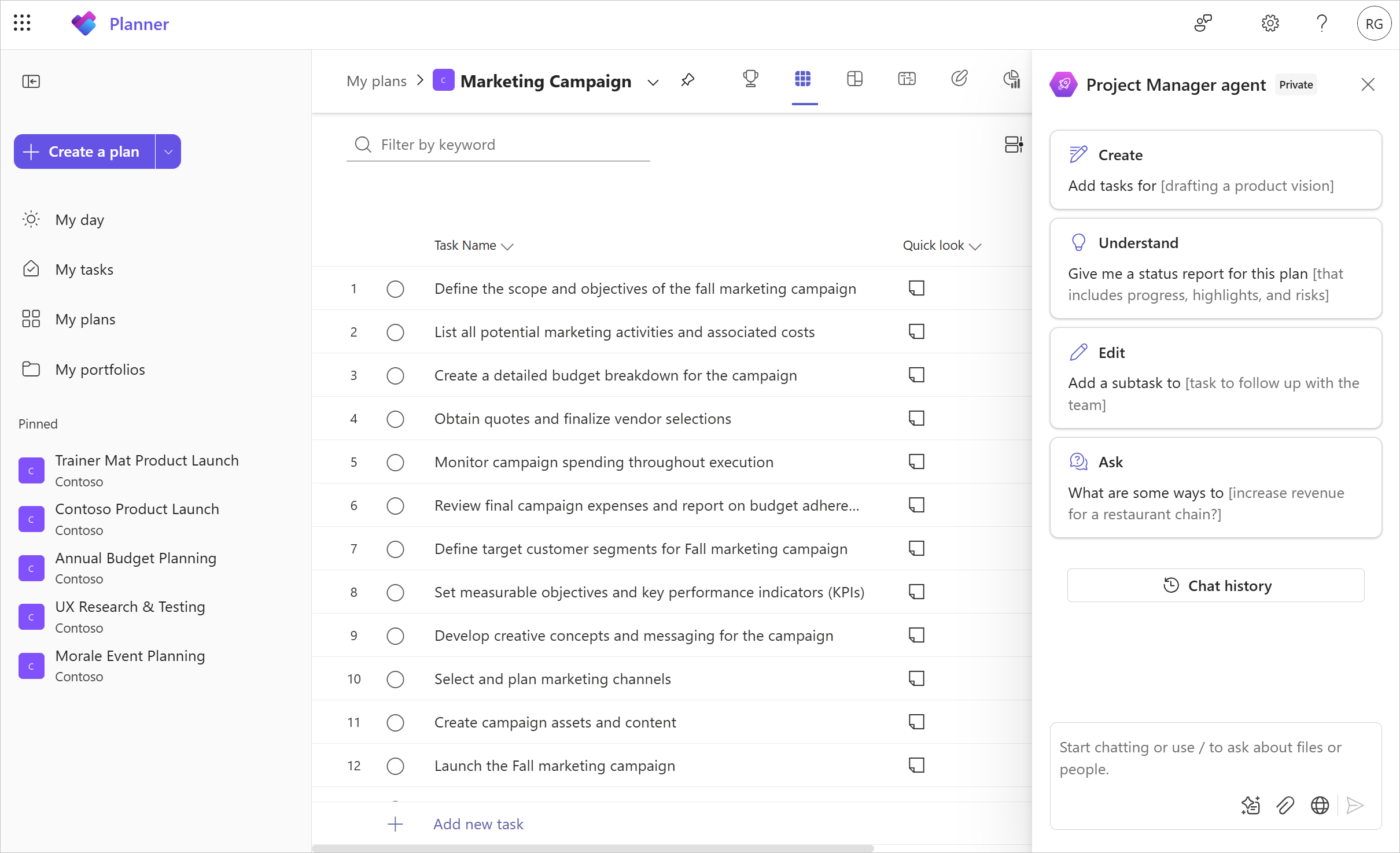 A screenshot of Planner for the web shows a list of tasks in Grid view with the Project Manager agent chat pane open to the right.