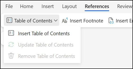 Table of contents - Word for the web