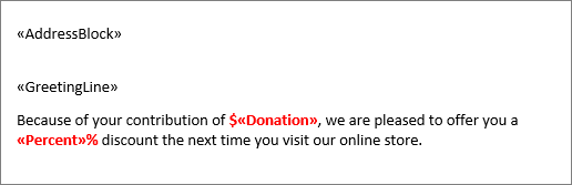 Sample mail merge document where a field named Donation is preceded by a dollar sign and a field named Percent is followed by a percent sgn.