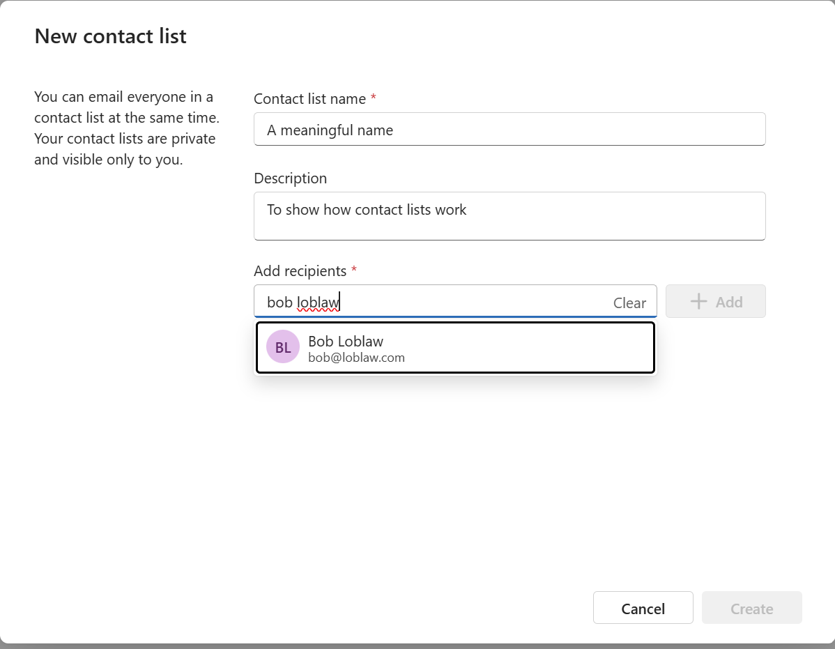 A contact list editor dialog that shows the option to add a contact by searching for a name.