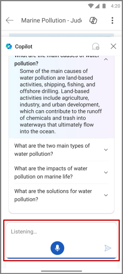 Screenshot of Copilot in Word on Android device using the voice input in the compose box