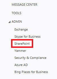Screenshot of the Admin navigation pane