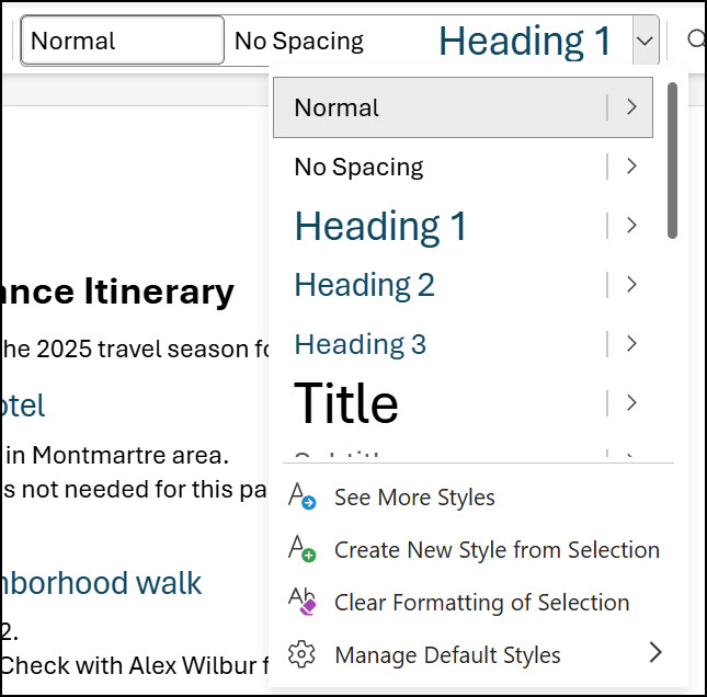 Styles in Word for the web