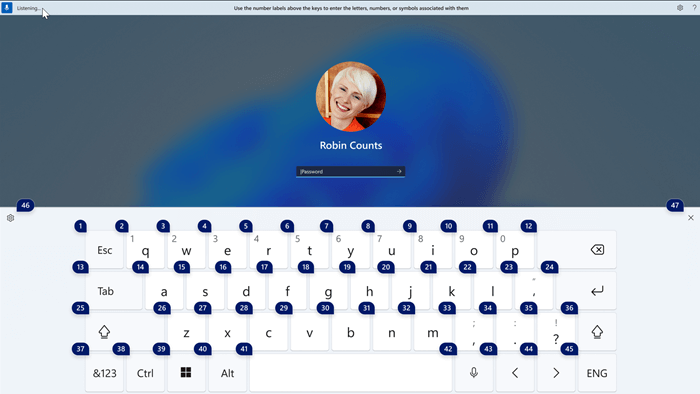 The touch keyboard with number labels on it, to use voice access to enter a password.