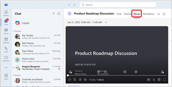 Screenshot highlighting the Recap tab in a meeting chat.