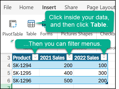 Insert tab, Table button, Filter menus