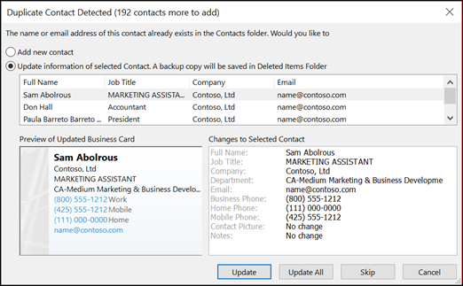 Choose what you want to do with duplicate contacts.