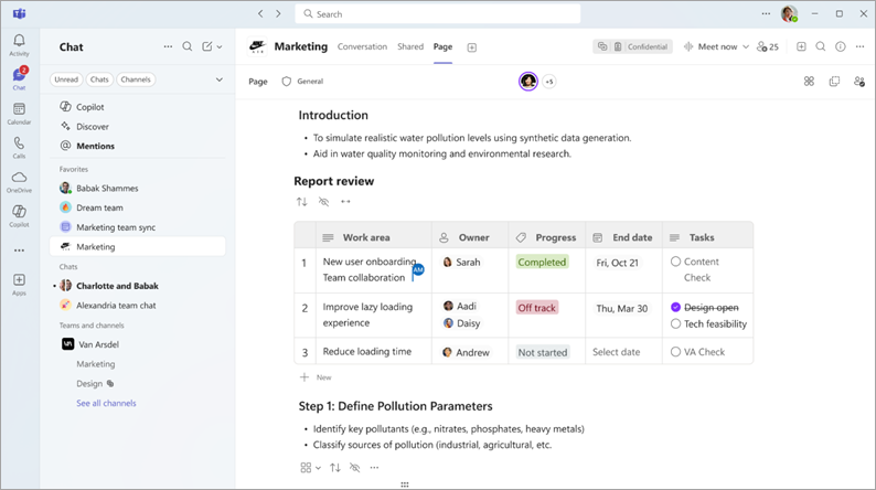 Screenshot showing notes in a Teams chat.