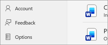 The commands for adding accounts, sending feedback, and configuring Office options