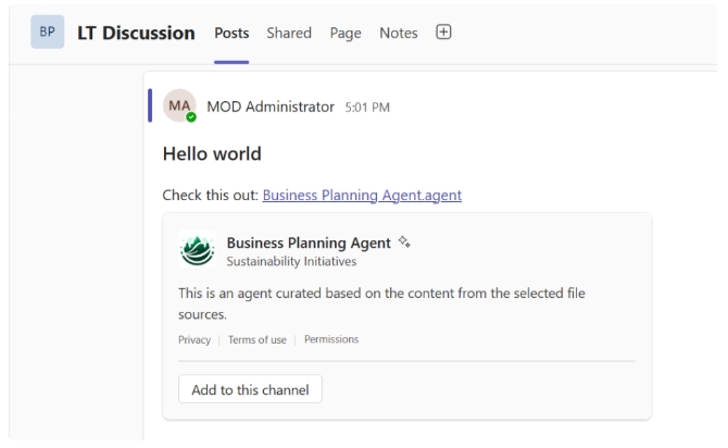 Screenshot showing SharePoint agent link unfurling in Teams channels
