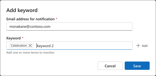 Comms dashboard keyword entry