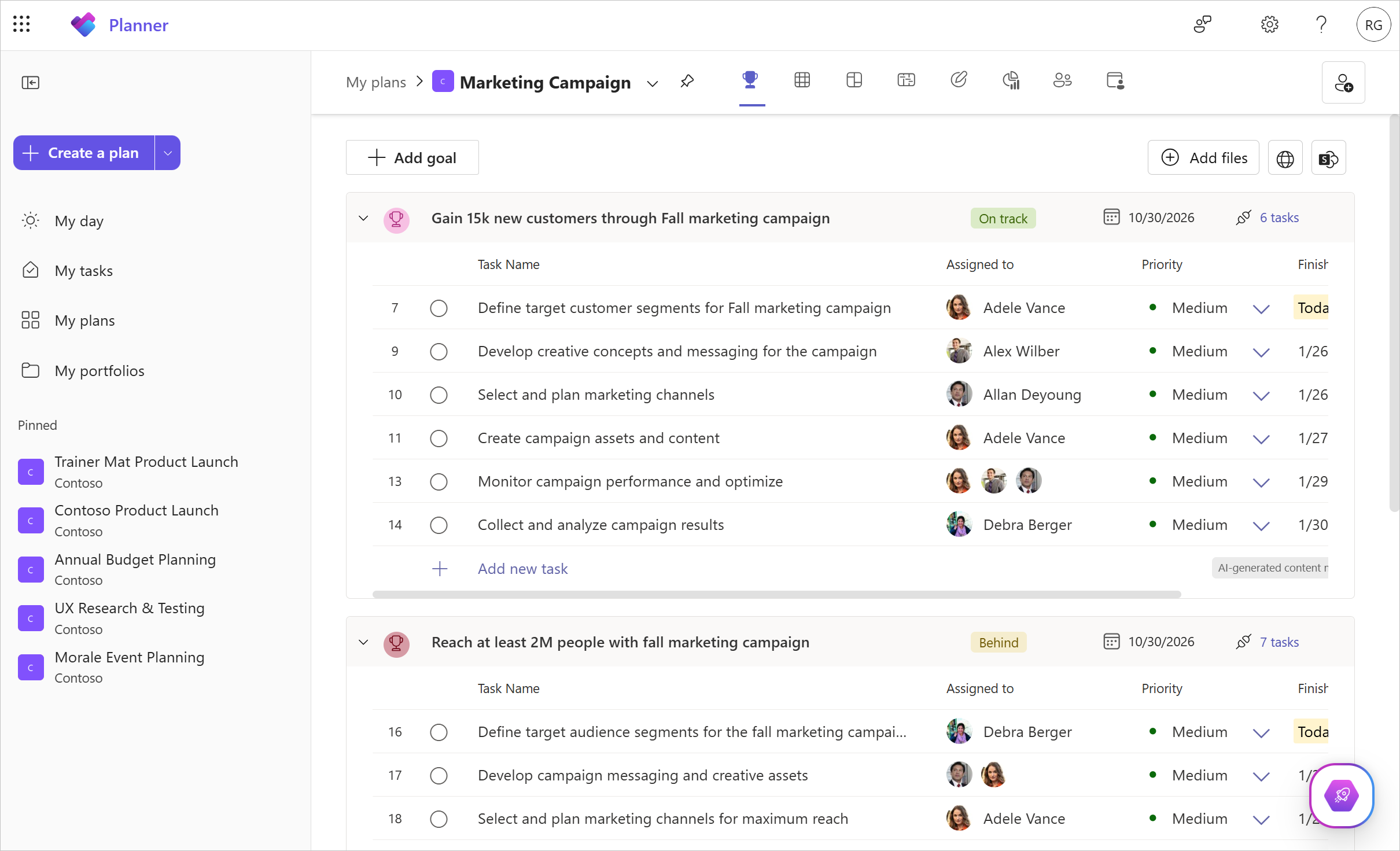 A screenshot of Planner for the web shows the Goals view with two goals and a list of related tasks to meet those goals.