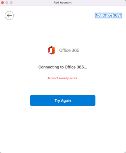 Error message says "Account already exists" and has a "Try again" button