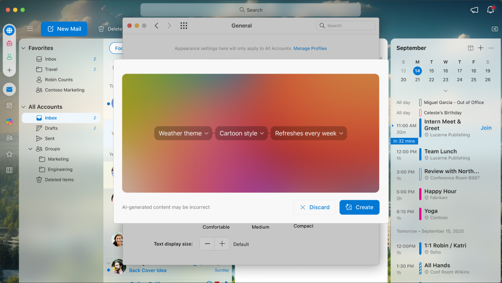 A screen showing the configurable attributes of a custom theme on Outlook for Mac
