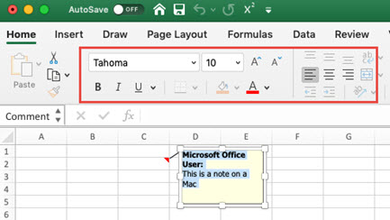 Image of a Note on a Mac, displaying the Home tab for formatting the Note's text.