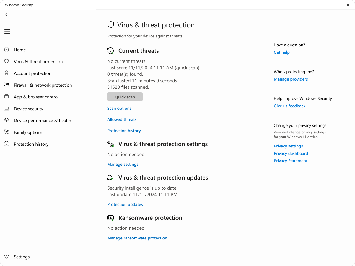 Screenshot of the virus and threat protection page of the Windows Security app.