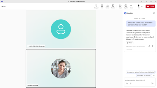 Screenshot showing a Teams PSTN call with Copilot window open.