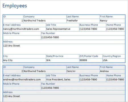 Employees report that uses a justified layout