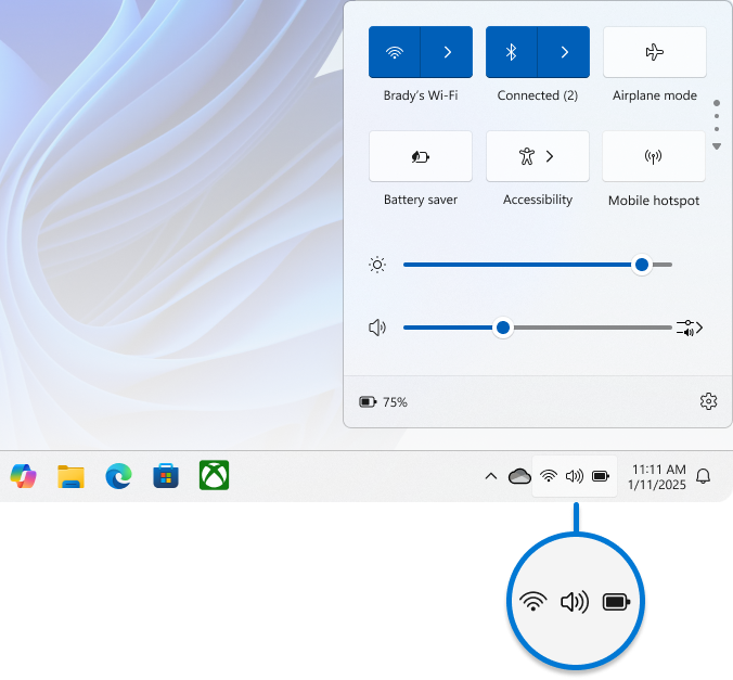 Screenshot of quick settings in Windows.