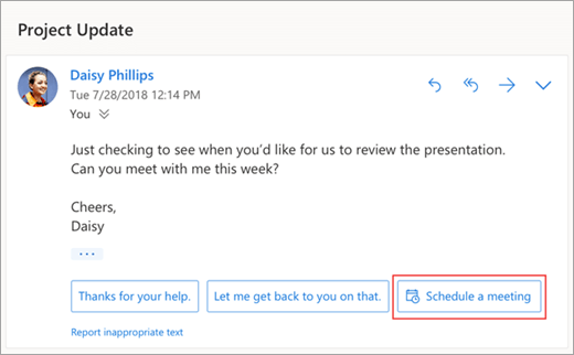 A screenshot of the suggested reply to schedule a meeting