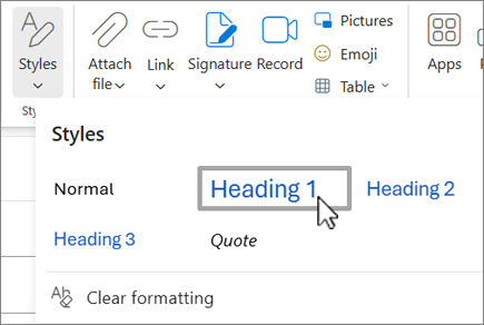 The Styles menu in Outlook on the web.