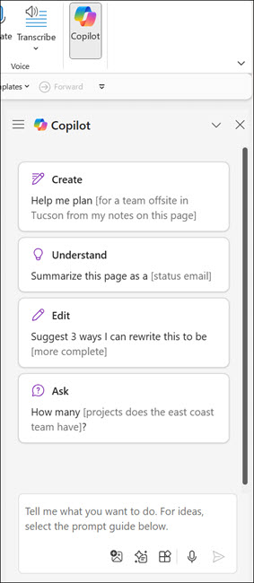 Screenshot of Copilot pane in OneNote