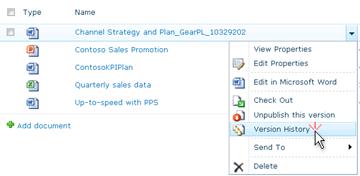 Drop-down list for a SharePoint file. Version History is selected.