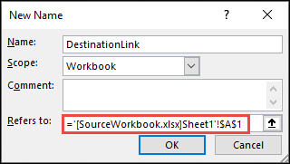 Adding a defined name to an external workbook from Formulas > Defined Names > Define Name > New Name.