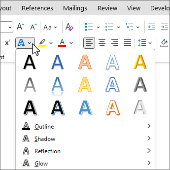 Text effect gallery and ribbon