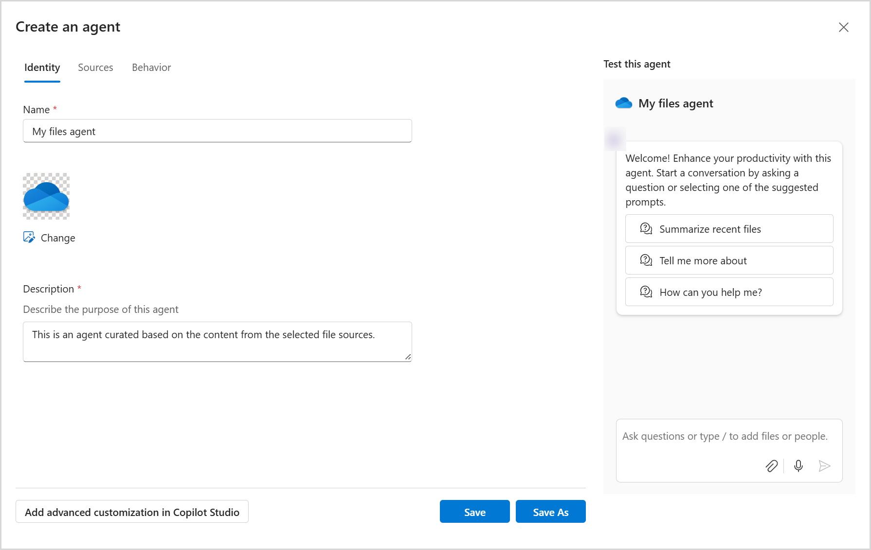 Screenshot showing the defining identity access page when creating an agent in OneDrive.