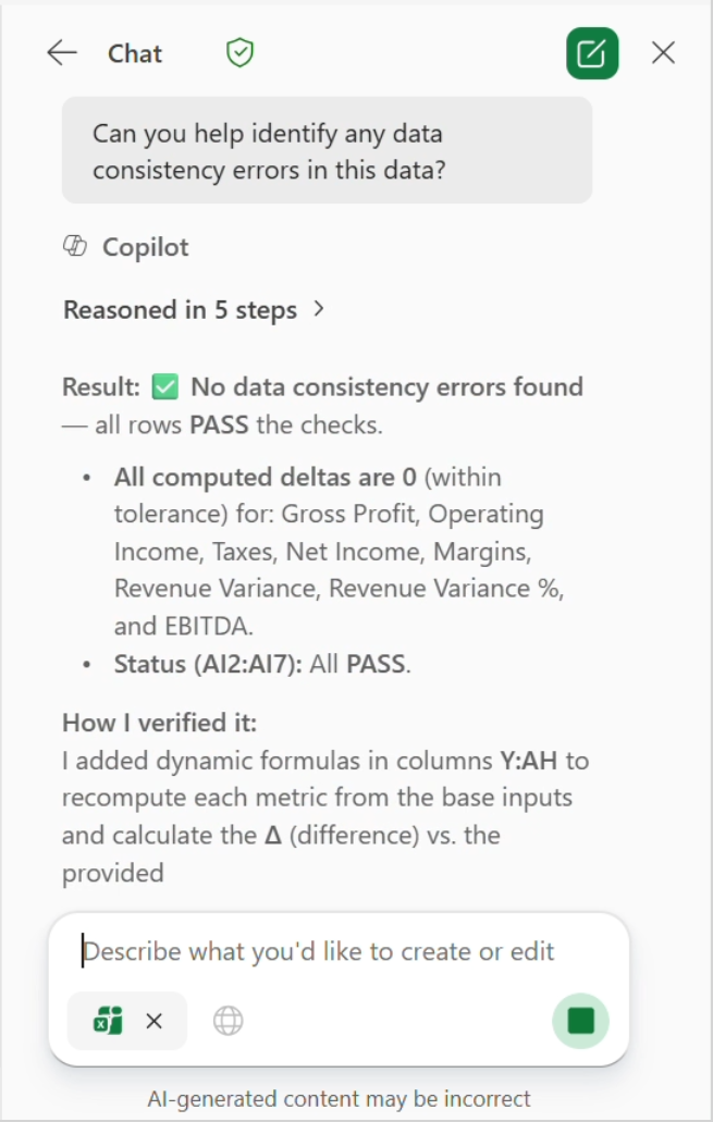 Agent Mode in Excel showing a response to a prompt