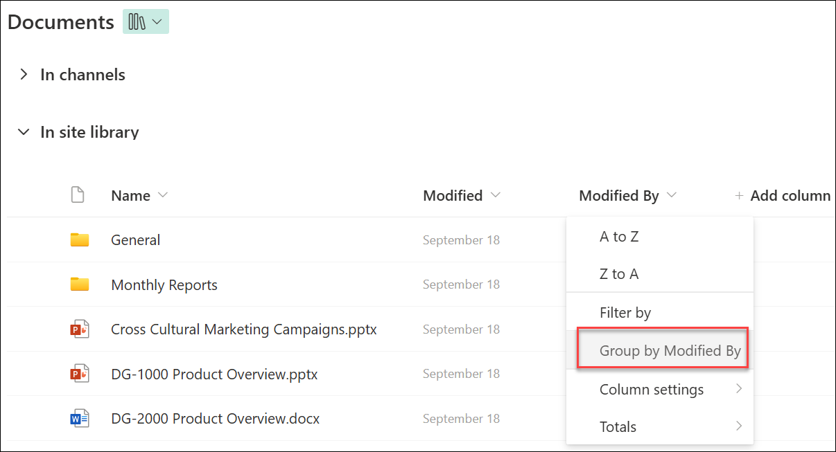 screenshot of grouping by column name