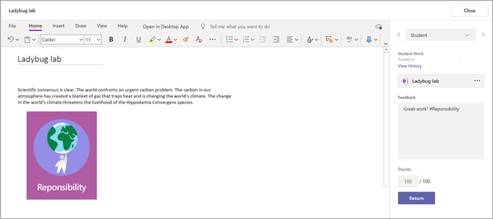 Add feedback to a students assignment using the Class Notebook add-in found in Microsoft Teams Assignments.