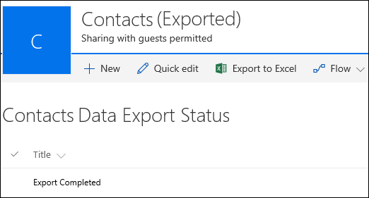 SharePoint list with record titled Export Completed