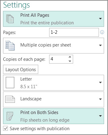 Setting to print on both sides of the paper in Publisher.