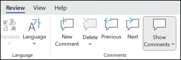 Comments ribbon in Word