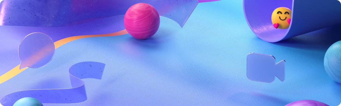 An abstract illustration with bright blues and purples and a smiling emoji with hearts around it