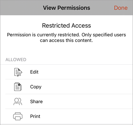 Screenshot of a dialog showing the user's IRM rights.
