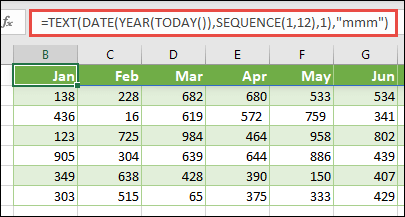 Use a combination of the TEXT, DATE, YEAR, TODAY, and SEQUENCE functions to build a dynamic list of 12 months