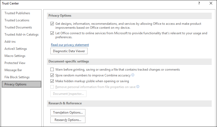 The Office Trust Center Privacy Options