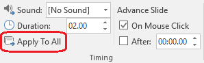 Apply to All command on the Transitions tab in PowerPoint